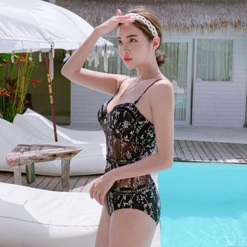 Sexy See-through Bikini Mesh Stitching Floral Printed One-piece Swimsuit Female Swimming Wear