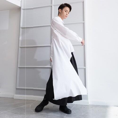Extra long mens long-sleeved shirt mopping shirt dark irregular personality elegant Slim hip-hop stage costume