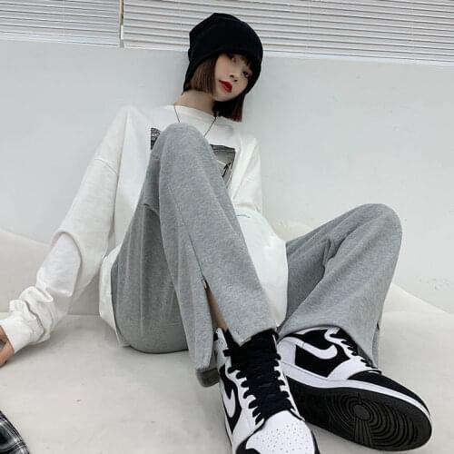Spring Grey Sports Casual Cotton Pants Vintage Female Side Zippers Split Elastic High Waist Loose Wide-Legged Trousers