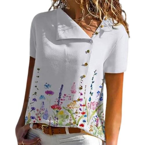 Casual Women Blouse Fashion V Neck Short Sleeve Shirts Top Solid Color Floral Print Button Office Ladies Blouses Top