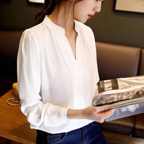 Vetement Femme 2021 Blusas Mujer De Moda Long Sleeve Shirt Women Blouses Elegant Fashion V-Neck Chiffon Solid Pink Tops 0967