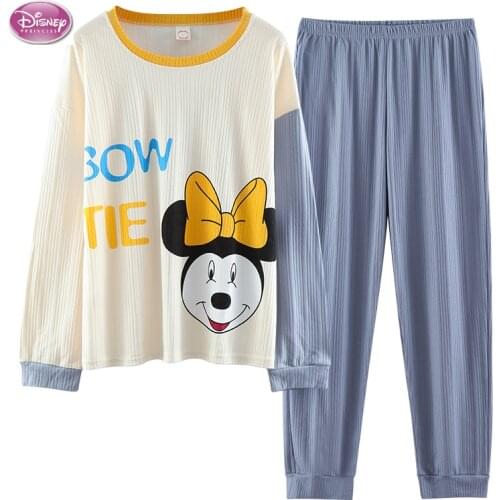 Disney Womens Sleepwear Minnie Mouse Print Pants Set Pajamas Cotton Long Sleeve Pullover & Trousers Pajama Set Autumn Winter