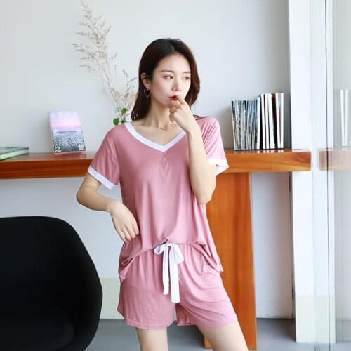 WOMEN Pajamas 2020 Modal Thin Summer Short Sleeve Tracksuit Loose-Fit Two-Piece Set Sleep Home Wear Outwear