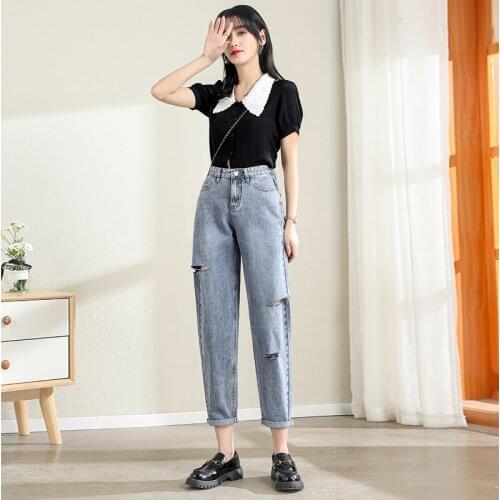 New Spring Straight Denim Pants Office Lady Casual Trousers Full Length Asymmetrical Hole High Waisted Jeans Women Freeshipping