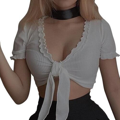 2021 Womens Short Sleeve Crop Tops Sexy Deep V Neck Tie Knot Front Solid Color T-Shirts