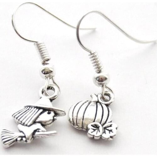 Women Halloween Dangle Earrings Witch Broom Pumpkin Asymmetric Drop Earrings Silver Color Drop Earrings Fashion Jewelry