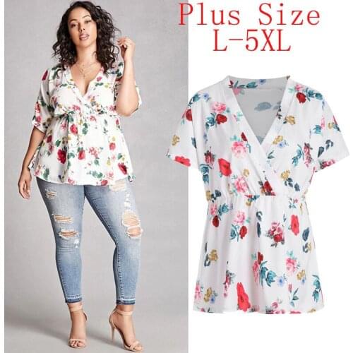 Ladies Tops Loose Short Sleeve Flower Printede Casual Blouse Summer New Women Floral Plus Size Shirt