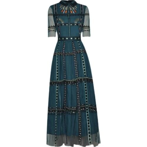Designer Runway 2021 Spring Summer New WomenS Fashion Party Luxury Embroidery Mesh Vintage Elegant High Quality Midi Dress
