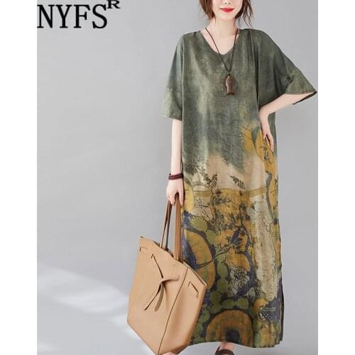NYFS 2021 New Summer Dress Vintage Printing Loose Long Dress vestido de mujer Robe Elbise Womens Dress