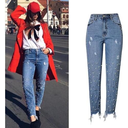 2021 Fashion Womens High Waisted Jeans Slim Straight Tube Pearl 3-color Nail Irregular Hem Tassel Hole Denim Pants