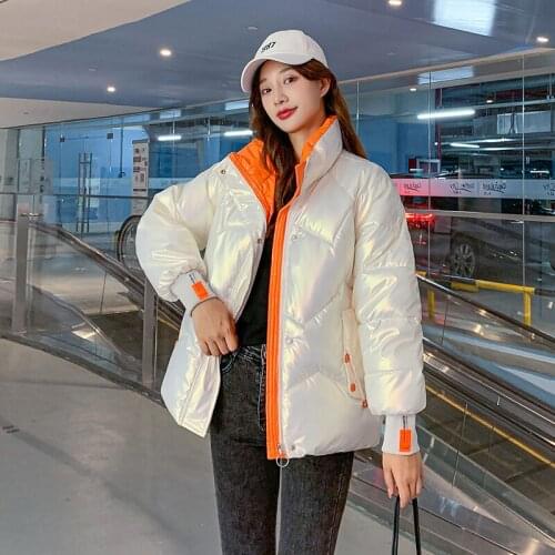 Glossy Women Winter Jacket Cotton Padded Long Sleeve Ladies Causal Down Coats Thick Warm Stand Collar Button Parkas for Female
