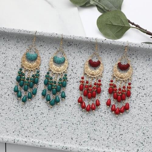 Bohemian Tribal Style Long Tassel Beads Earrings For Women Handmade Boho Ear Vintage Carved Pattern Long Big Statement Earrings