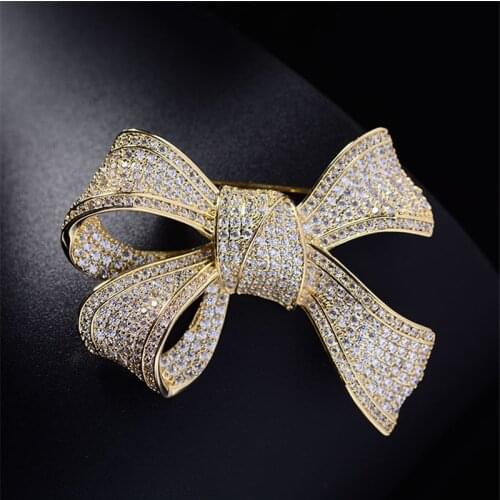 Simple Large Glod Bowknot Brooch Pin Luxury Full Zircon Pin Shiny Crystal Rhinestone Brooches Crafts Clothes Decor Jewelry Gift