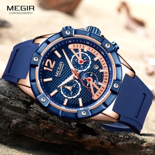 MEGIR Mens Sports Chronograph Quartz Wrist Watches Army Silicone Waterproof Stopwatch Relojios Masculinos Man ClockMN2083-2N0