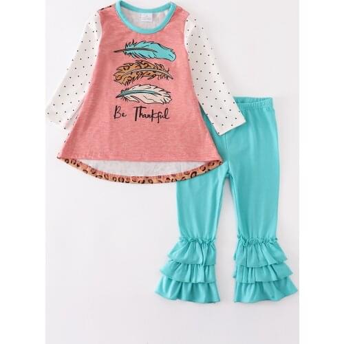 Girlymax Thanksgiving Fall/winter Coral Feather Be Thankful Baby Girls Ruffles Pants Set Boutique Outfits Kids Clothing