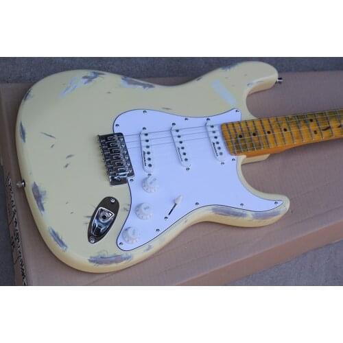 Factory Custom Milk White Retro Body Electric Guitar with Retro Yellow Neck,SSS Pickups,Scalloped Neck,,Offer Customized