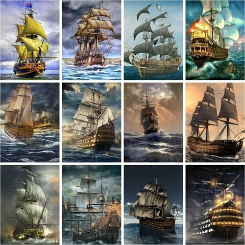 Huacan Full Square Diamond Painting Sailboat Sea Embroidery Mosaic Ship Scenery Rhinestone Pictures Home Decor