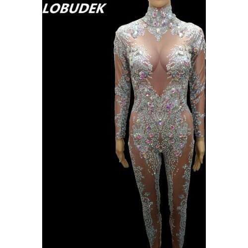 Occident Bar Female DJ singer DS costume White Blue Rhinestones Crystals Jumpsuits Prom Party Star Celebration occasion clothing