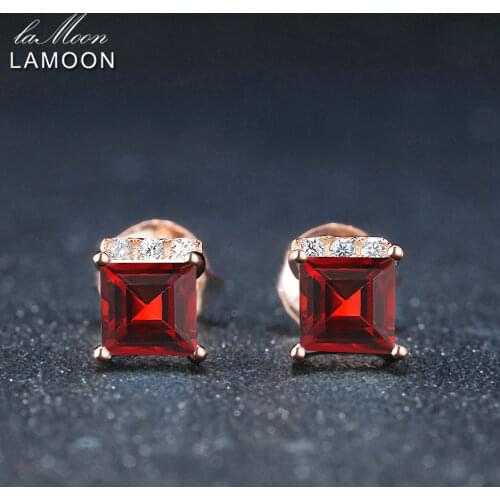LAMOON Simple Style 4mm 100% Square Natural Red Garnet 925 sterling-silver-jewelry Stud Earring S925 LMEI047