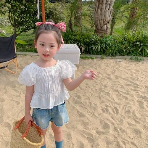 Summer Baby Girls Blouse 2021 New Korean Kids Short Sleeve Shirts Puff Sleeve Folds Cute Shirts For Girls 2-8 Y Baby Clothing