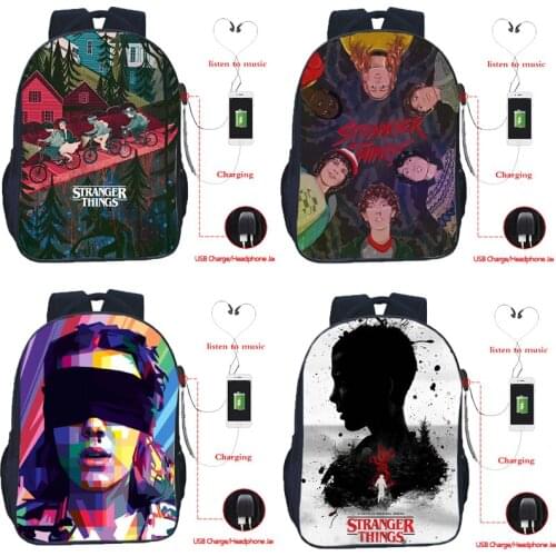 Popular Men Women Stranger Things USB Charge Backpack Teens Students Bookbag Child Schoolbag Boys Girls USB Travel Rucksack Gift
