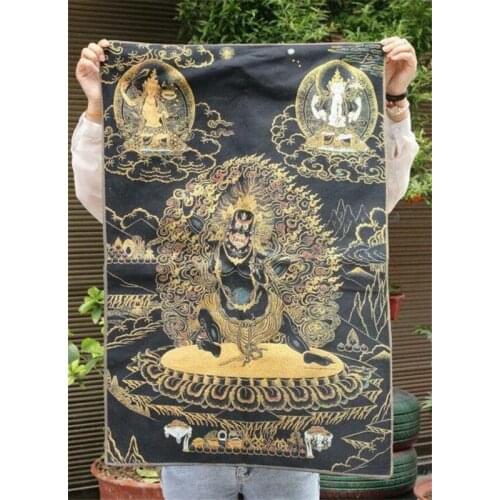 Copper Statue 36" Tibet Buddhism Silk ClothMahakala Wrathful Deity Embroidery Thangka Mural