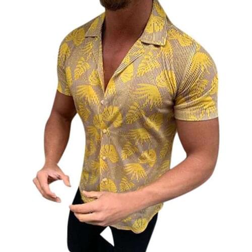 Fashion Men Tops Shirt Short Sleeve Turn Down Collar Blouse Leaves Print Buttons Slim Shirt Mens Clothing 2021 футболка