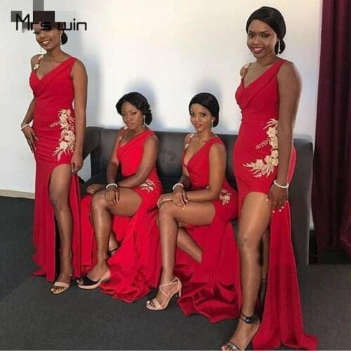 Mrs win Bridesmaid Dresses Elegant Red Side Split Wedding Party Dress HR303 Off Shoulder Mermaid Long For Girls Vestido Madrinha