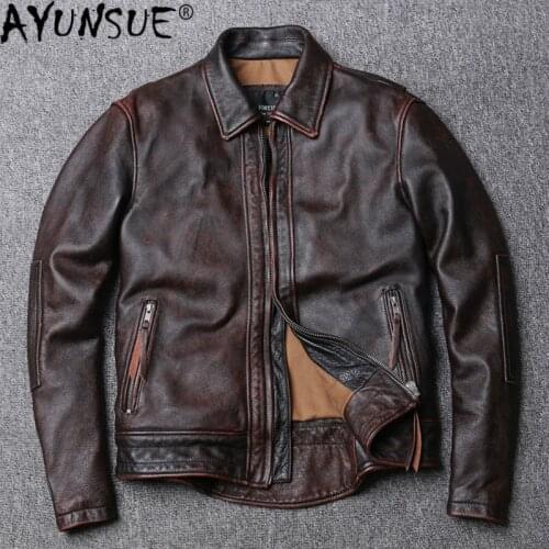 AYUNSUE Leather Jacket Men Vintage Cowhide Genuine Leather Coat Motorcycle 100% real Cow Jacket Slim Fit clothes 2020 KJ4707
