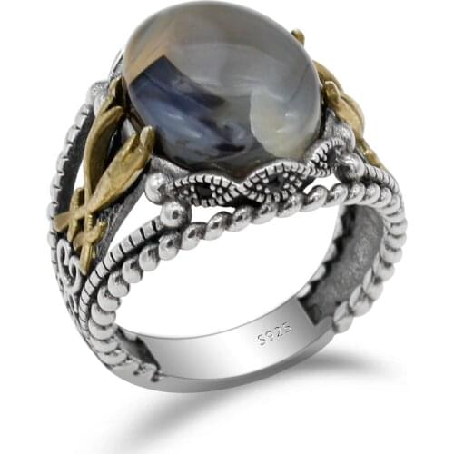 925 Sterling Silver Mens Ring Ocean Natural Stone and Vine Mens Punk Ring High Jewelry