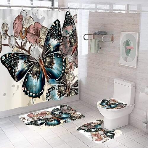 Butterflies With Flowers Print Shower Curtain Set 3D Elegant Flannel Toilet Lid Cover Anti-slip Kitchen Mat Rug Home Carpets 002