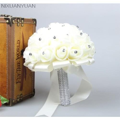 NIXUANYUAN 1 Piece Cheap Bridesmaid Wedding Decoration Foamflowers Rose Bridal bouquet White Satin Romantic Wedding bouquet