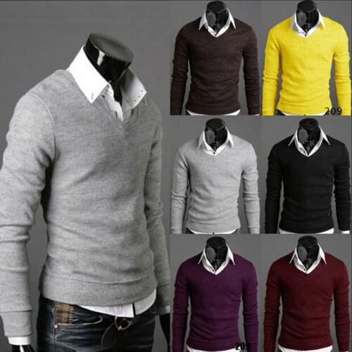 New 2020 spring autumn Casual British retro style cotton slim knitting sweater Mens V-neck bottoming shirt 7color