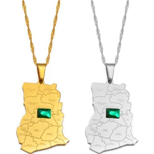 Anniyo Ghana Map With Cities Green Stone Pendant Necklaces Women Men Silver Color/Gold Color Charm Ghanaian Jewelry Gift #206821