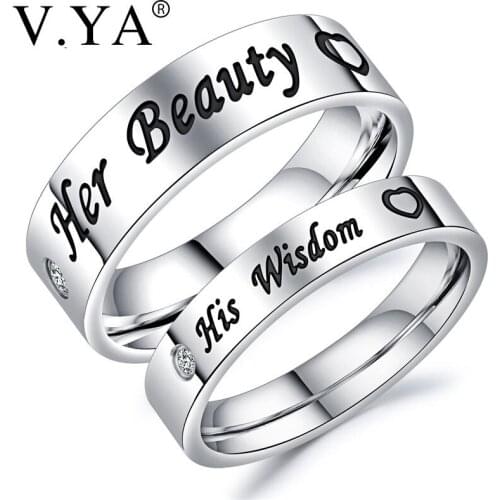 V.YA Romantic Her Beauty & His Wisdom Couple Rings Stainless Steel Heart Jewelry for Lovers 2018 Valentines Day Gifts Dropship