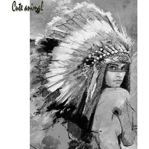 Full Square Round drill Black and White Indian girl feather classical 5d Diamond Embroidery sale Diamond Painting diamond mosaic