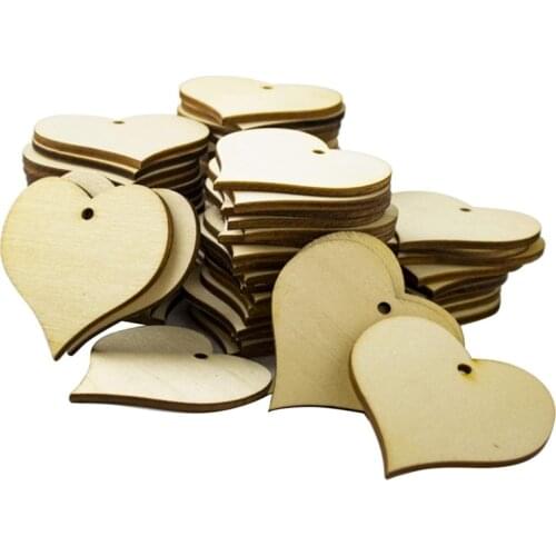 100 Pieces Wood Heart Shap Blank Wooden Tags with Holes. Great for DIY Wedding Decor, Wood Burning, Making Ornaments