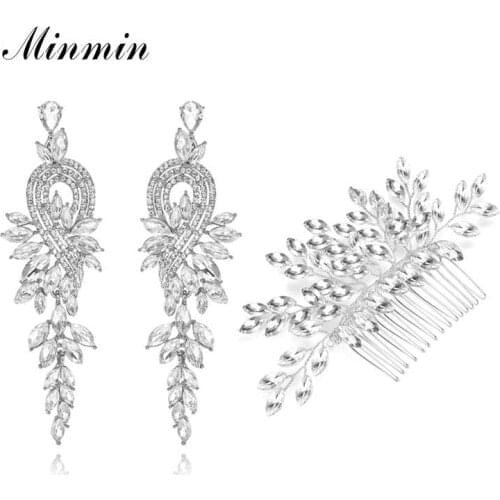 Minmin Luxury Shiny Silver Color Crystal Wedding Jewelry Set for Women Leaf Shape Earrings Combs Sets Bridal Jewelry EH946+FS324