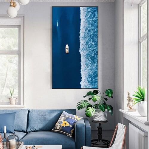 Nordic blue abstract marble gold foil art speedboat boat whale sea beautiful landscape painting living room porch sofa backgroun