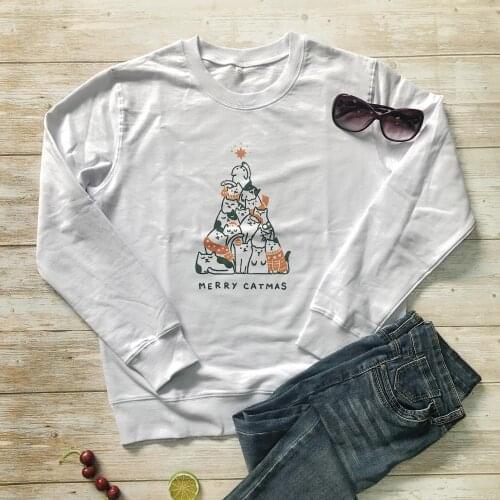 MERRY CATMAS Christmas tree graphic funny cute party hipster young style sweatshirt pure cotton casual pullovers gift 90s tops