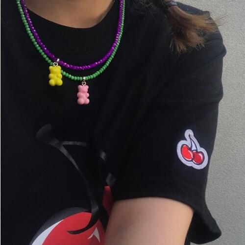 Y2K Jewelry Acrylic Gummy Bear Pendant Beaded Necklace for Women Girls Cute Colorful Bears Glass Bead Necklaces Fashion Jewelry