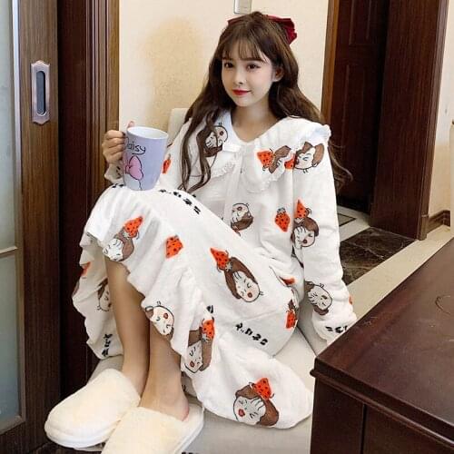Womens Flannel Mid-length Nightdress Korean Style Long-sleeved Sweet and Cute Princess Style Home Service
