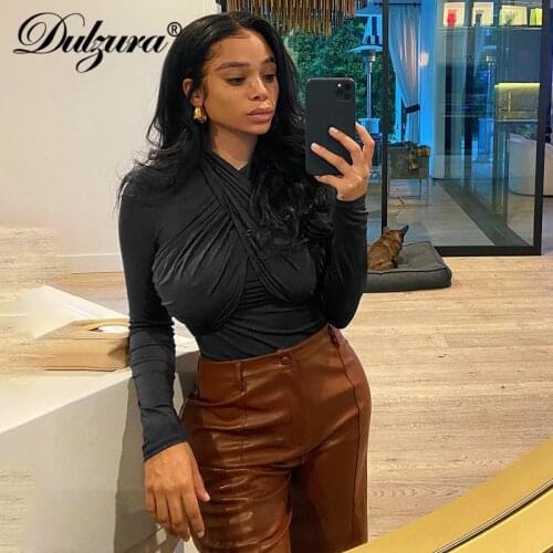 Dulzura Solid Women Long Sleeve Halter Bodysuit Cross Bodycon Sexy Party Elegant Streetwear 2020 Autumn Winter Club Body Romper