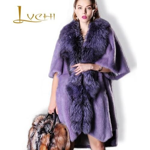 LVCHI Plus Size 2019 Genuine Fur Womens O-Neck Real Fur Coats Women Full Pelt Long Fur Jecket Diamonds Half Sleeve Mink Coat