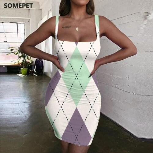 SOMEPET Geometry Dresses Women Pattern Halter Sleeveless Novel Bodycon Dress Harajuku Sundress Womens Clothing Plus Size Vintage