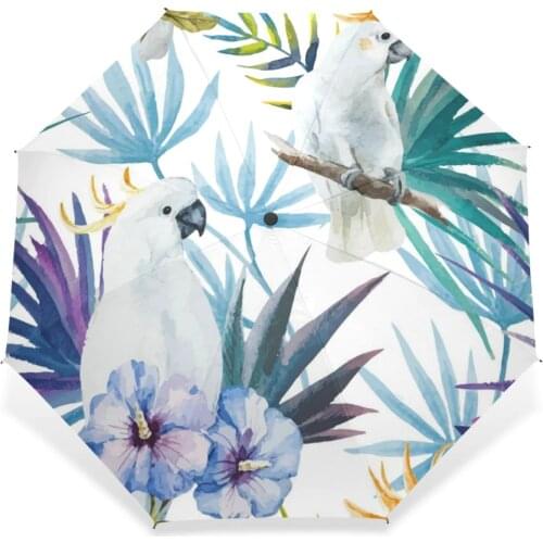 Fully Automatic Parrot Drawing Women Umbrellas Rain Tropical Leaf 3 Folding Outdoor Animal Windproof Umbrella Rain Gear Parasol