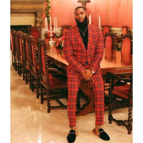 2021 Italian Design Red Plaid Morning Dinner Party Suit Men Slim Fit Groom Wedding Dress Men Wedding Suits 2 Piece Mens Tuxedo
