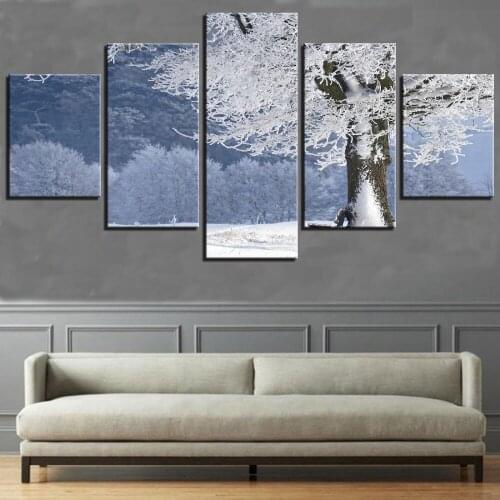 5 Pieces Winter Canvas Snow Landscape Posters Tree Pine For Home Living Room Decor Art White Type Modern Framework Modular