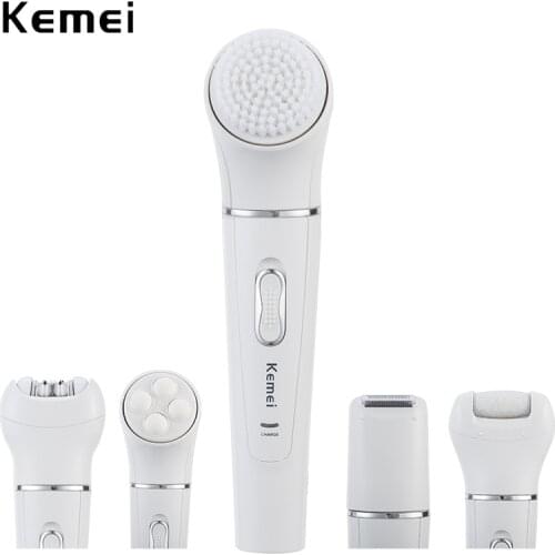 5 in 1 Kemei Rechargeable Face Brush Electric Cleanser Epilator Facial Cleansing Device Women Lady Shaver Massager
