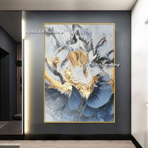 Abstract 100% Handmade abstract Gold Foil blue flower wall art Canvas Wall Pictures for living room dinner room